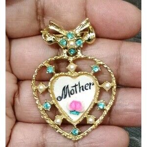 Mother Blue Rhinestone Faux Pearl Gold Tone Heart Vintage Brooch